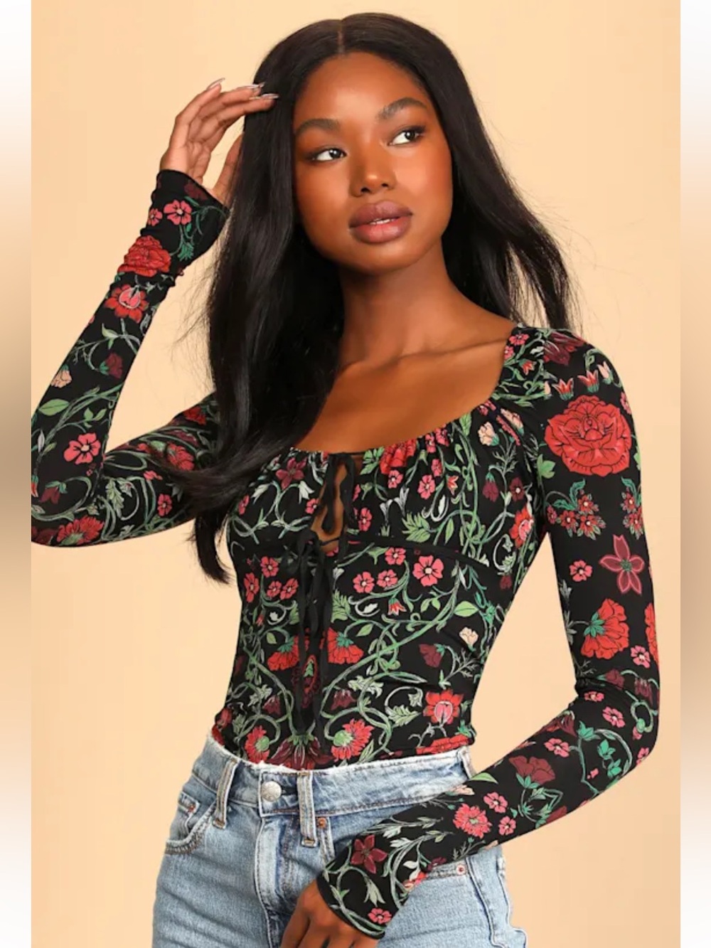 Free People Make it Easy Black Long Sleeve Tie-Front Floral Top with Red & Green